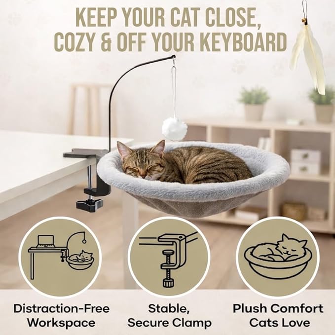 Cat Desk Bed for Home Office – Plush Clamp-On Cat Hammock with Hanging Feather and Ball Toy, Non-Slip Heavy-Duty Mount, Space-Saving Desk Mounted Cat Bed for Remote Workers Supports 40 lbs