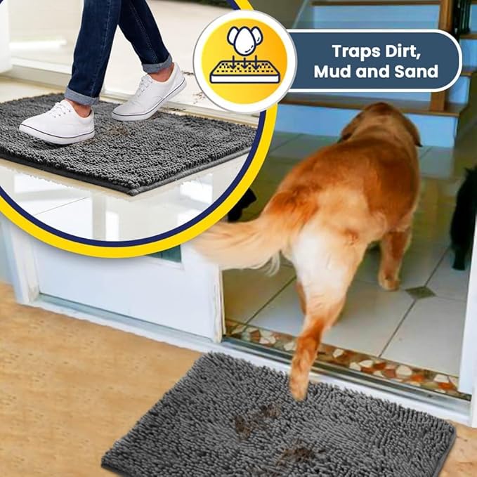 Muddy Mat® | Super Absorbent Door Mat Indoor, Microfiber Quick Dry Chenille Entryway Rug, Non-Slip Front Door Mat, Indoor Mats for Entryway, Machine Washable Pet Rug, Grey 24"x120"