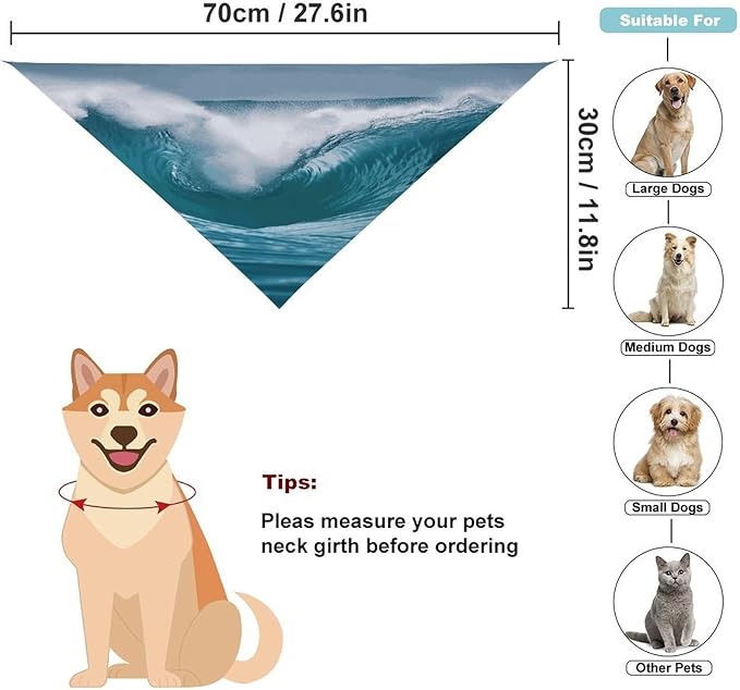Dog Bandana Spring Pet Scarf Adjustable Triangle Ocean Wave Printing Dog Bib Washable Polyester Puppy Bandana for Small Medium Large Dogs Cat Birthday Party Supplies