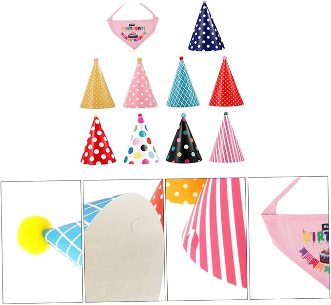 OUNONA Dog Birthday Bandana and Party Hat Set with Bib 10pcs Pet Birthday Supplies Kit for Dogs Adjustable Fabric Hats and Cotton Bib for Celebration Random Color