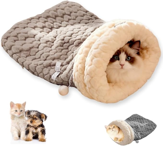 Cat Sleeping Bag, Cats Winter Sleeping Bag for Indoor Cats Cozy Plush Cat Cave Bed, Self-Warming Pet Snuggle Sack for Kitten Puppy Small Dogs (A-Grey 1pcs, M-17"x14.5")