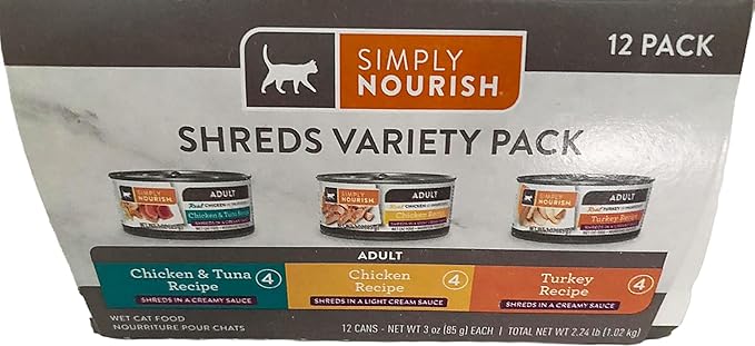 SIMPLY NOURISH Cat Canned Food. 1-12 Pack of Shreds Variety Pack. 4-Chicken & Tuna,4-Chicken Recipe, 4-Turkey Recipe Shreds in a Light Cream Sauce.12-3 Ounce Cans.