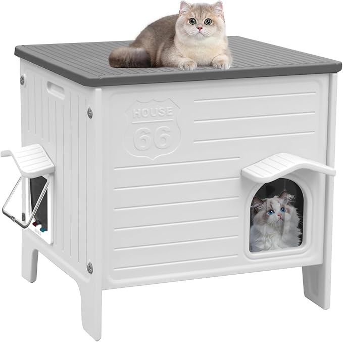 Plastic Cat House Outdoor & Indoor, Feral Cat Houses with Escape Door, Waterproof Outdoor Cat Shelter for Feral Stray Cat Kitty, Assemble Easily