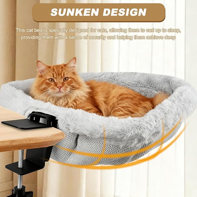 Cat Desk Bed, Ca-t Bed for De-sk, Modern Cat Desk Hammock for Various Desktops, Dual Clamps & Sunken Hammock Design, Holds Up to 40lbs(Color:Light Gray)