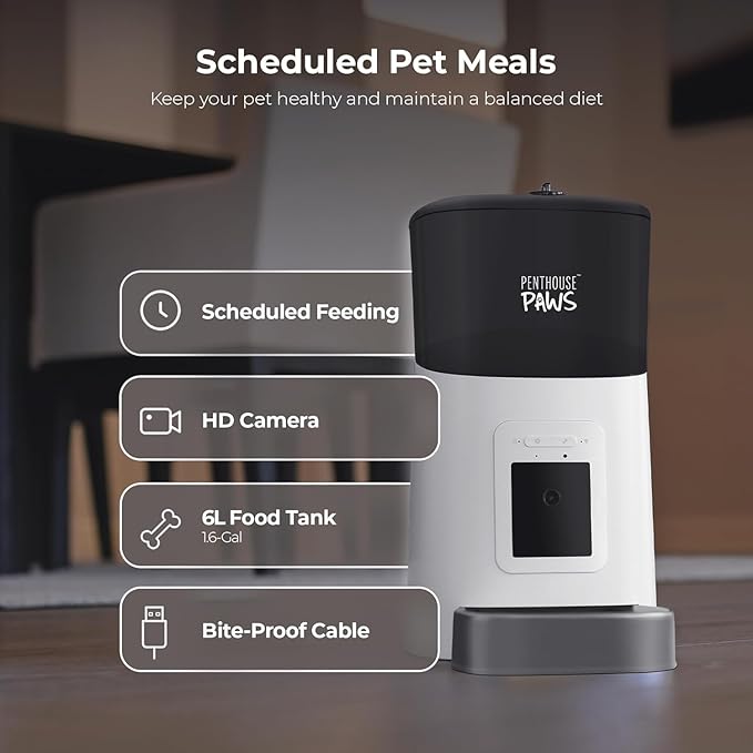 Penthouse Paws Smart HD Automatic Pet Feeder, 6L Dry Food Capacity, 1080p Camera, 2-Way Audio, Scheduled Meals, Backup Power, Easy to Clean, Anti-Jam Design for Cat & Dog, White/Stainless Steel