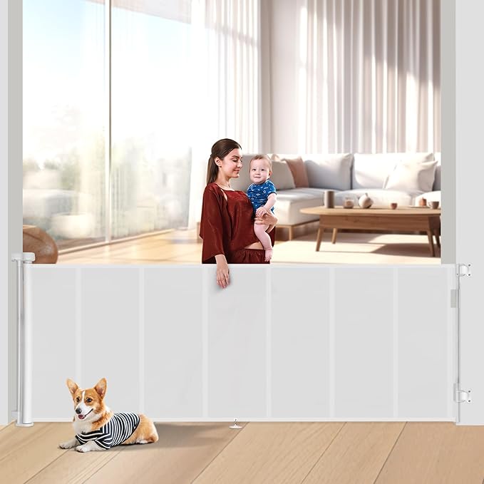 120 inch Retractable Baby Gates 42 inch Tall, Retractable Gate with Reinforced Strip Design to Prevent Crawling Through, 10 FT Extra Wide Retractable Dog Gate for Indoor/Outdoor
