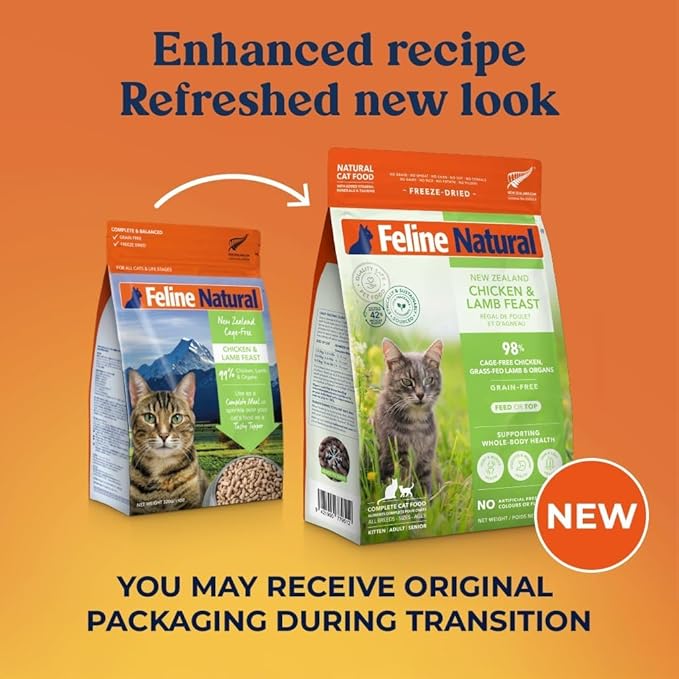 Feline Natural High Protein Dry Cat Food, Freeze-Dried Diet with 98% Meat, Organs & Seafood, No Peas, Grains, or Artificial Additives, Made in New Zealand, Chicken & Lamb, 11oz