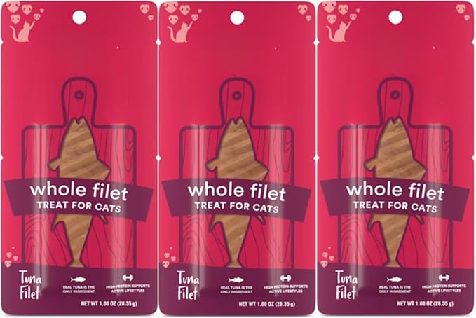 Cat Filet Treats Tuna 3 Pack - Wild Caught Fish High Protein Single Ingredient Soft Cat Treats - Grain Free Omega 3 Healthy Cat Snacks Food Topper for Picky Eaters - 3oz (3x1oz)