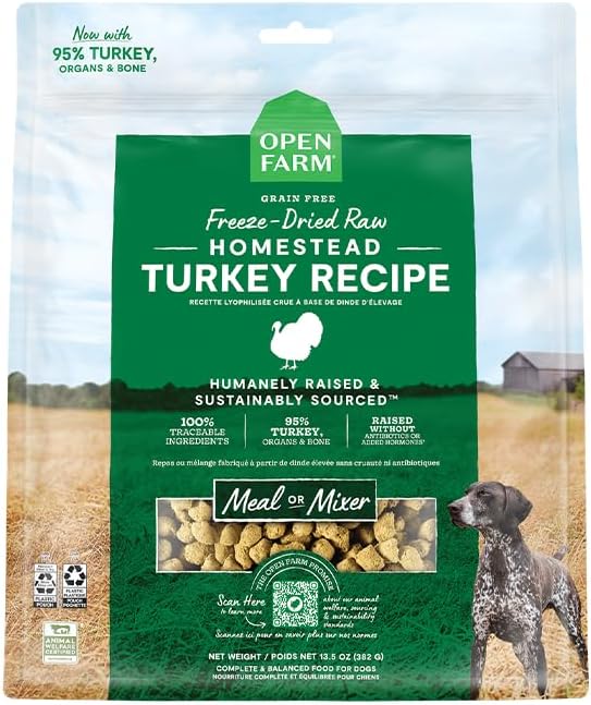 Open Farm Freeze Dried Raw Dog Food, Humanely Raised Meat Recipe with Non-GMO Superfoods and No Artificial Flavors or Preservatives (3.5 Ounce (Pack of 1), Homestead Turkey Recipe)