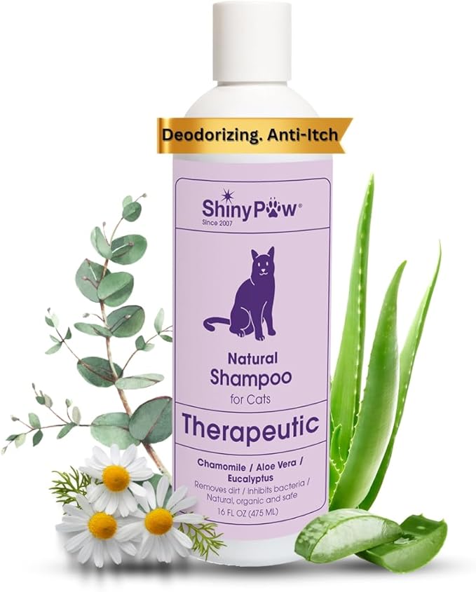 Natural Cat Shampoo for Itchy Skin with Chamomile, Aloe Vera & Eucalyptus by Shiny Paw 16 oz | Hypoallergenic Feline Shampoo for Sensitive Skin Itch Relief | for Adult & Senior Cats | Made in USA
