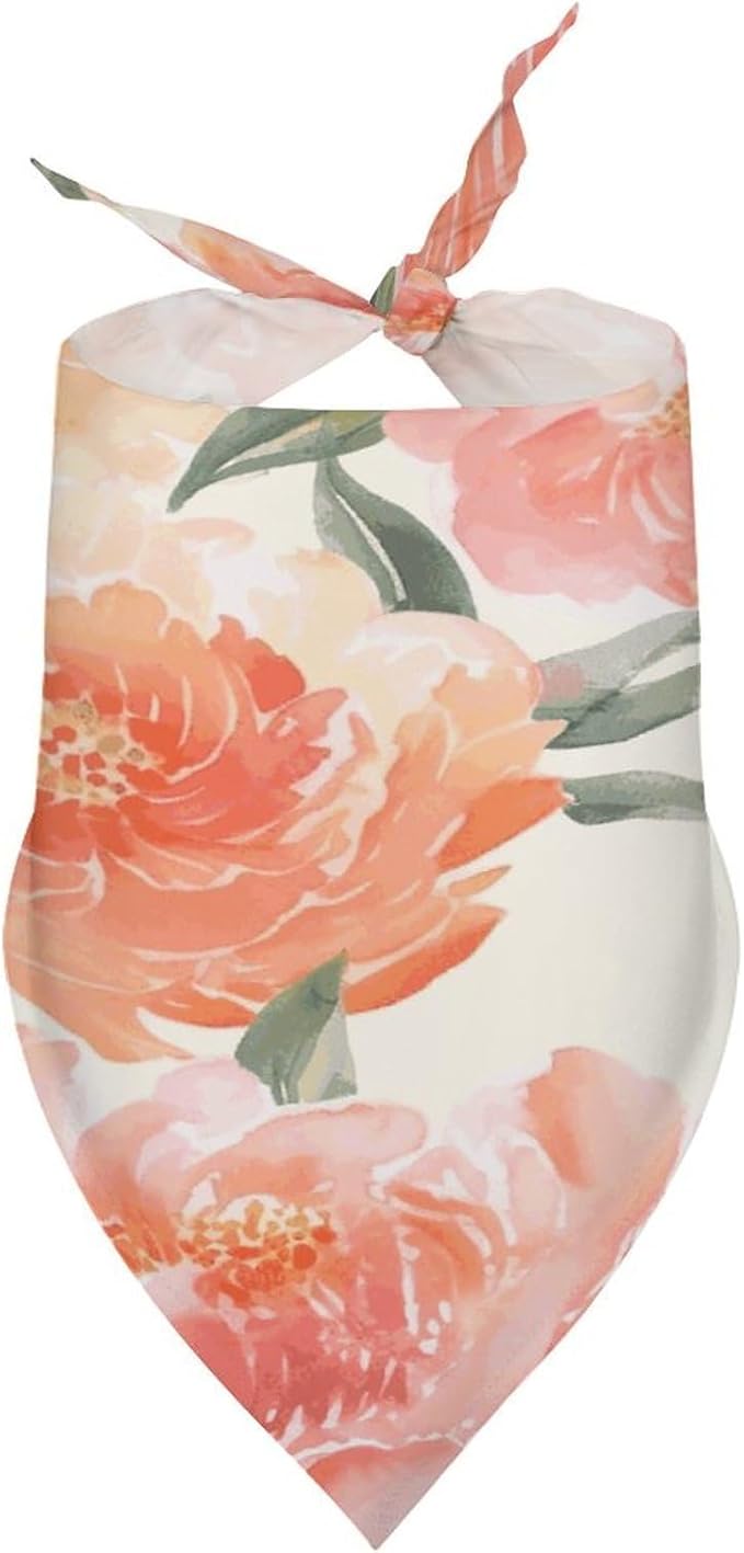 Dog Bandana Spring Pet Scarf Adjustable Triangle Peach Peony Printing Dog Bib Washable Polyester Puppy Bandana for Small Medium Large Dogs Cat Birthday Party Supplies