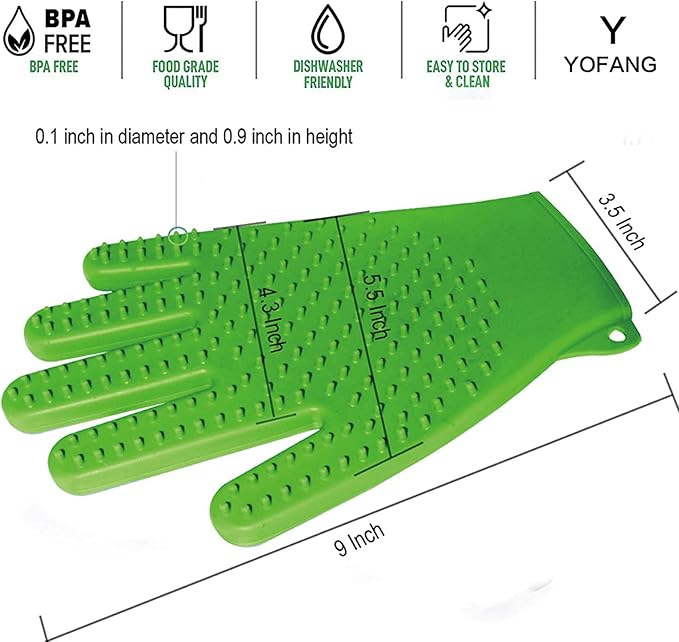 YOFANG Double-Side Pet Grooming Gloves, 4-in-1 Bathing Massage Hair Remover Brush, Anti-Slip Bite-Proof for Cat,Food Grade Silicone Deshedding Glove for Dogs Cats Horses Rabbits,Green-9" L (1 Pair)