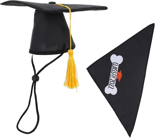 VOSAREA Pet Graduation Doctoral Cap and Chic Bandana Set for Dogs, 2pcs Black Tassel Hat with Multi-Purpose Triangle Saliva Towel, Party Supply for Dog Graduation Celebration