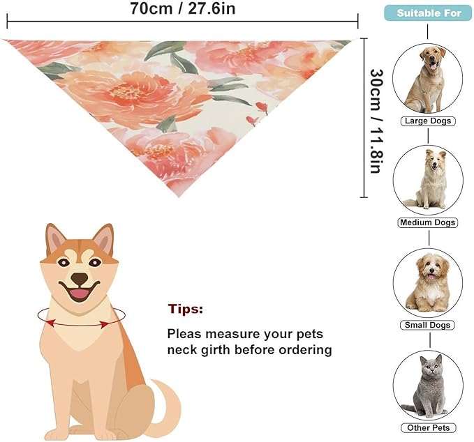 Dog Bandana Spring Pet Scarf Adjustable Triangle Peach Peony Printing Dog Bib Washable Polyester Puppy Bandana for Small Medium Large Dogs Cat Birthday Party Supplies