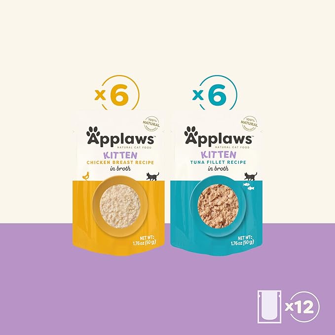 Applaws Natural Wet Kitten Food in Broth, Made with Limited and Natural Ingredients, No Artificial Additives, High Protein, Kitten Variety Selection (12 x 1.76oz Pouches)