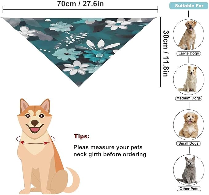 Dog Bandana Spring Pet Scarf Adjustable Triangle Teal Grey and White Floral Printing Dog Bib Washable Polyester Puppy Bandana for Small Medium Large Dogs Cat Birthday Party Supplies