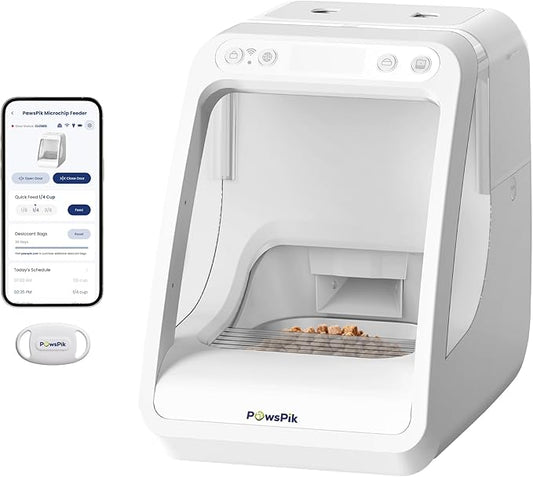 PawsPik Automatic Microchip RFID Cat Feeder,16-Cup, ISO Microchip & PawsPik RFID Tag Compatible, App Control, Portion Control