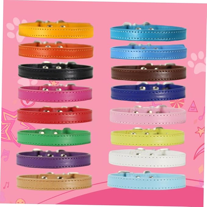 12pcs Pu Pet Dog Collars, Basic Outdoor Adjustable Neck Rings, 1.0 * 25cm Small Size, Random Colors, Sturdy Pet Supplies for Puppies and Small Dogs