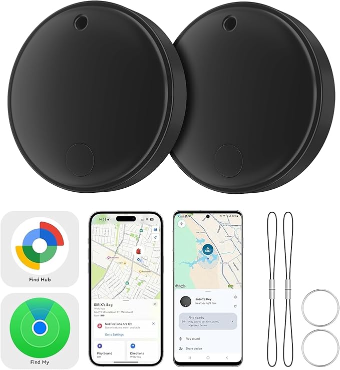 Smart Tracker Tags 2 Pack-for Android or iOS,Dual System Smart Tags、Bluetooth Tracker Work with Apple Find My or Google Find Hub App,Item Locator for Backpack,Pet,Keys,IP67 Waterproof (Black)