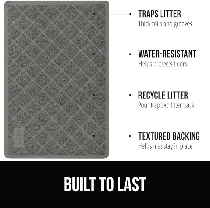 GORILLA GRIP Cat Litter Box Mat, Water Resistant, US Designed Kitty Litter Trapping Mats, Easy to Clean, Scatter Control, Less Mess and Clean Floors, Kitten Supplies for Indoor Cats 24x17 Grey 2 Pack