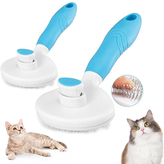 Self Cleaning Slicker Brush - Cat Brush Skin-Friendly Deshedding Grooming Massaging Tool for Long & Short Haired Pets, Cat Hair Brushes Easy Removes Undercoat for Dogs Cats Rabbits (2Pack Blue)