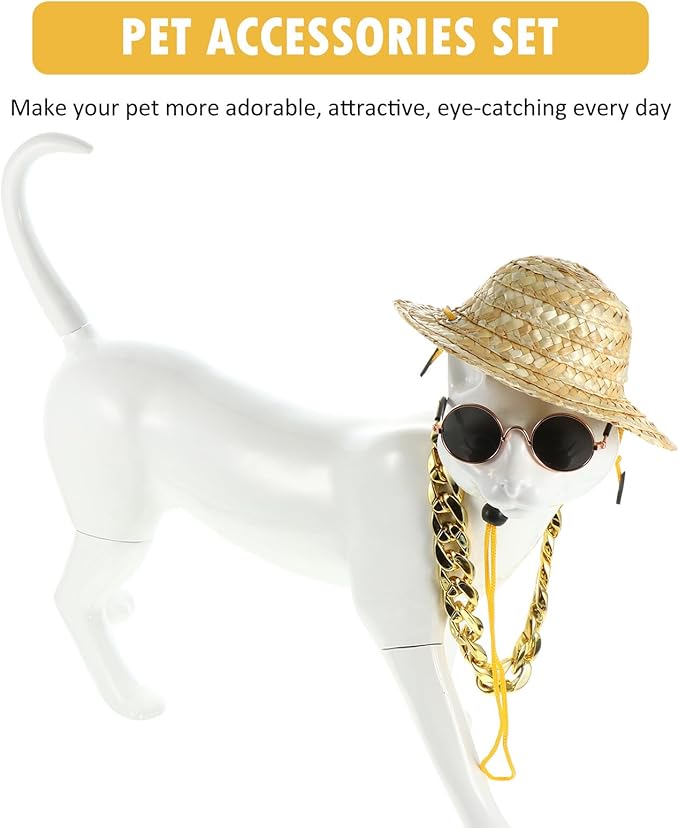STOBAZA Dog Straw Hat Sunglasses Necklace Set for Puppies Vintage Style Pet Hat Accessories for Small Dogs 3pcs Summer Pet Supply