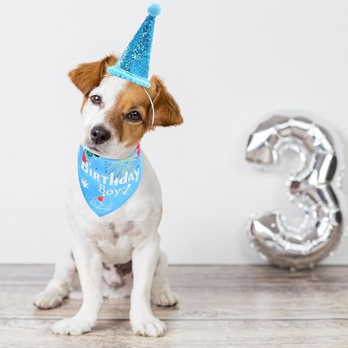 Dog Birthday Hats and Bandanas Set 3pcs Pet Party Accessories with Blue Birthday Hat and Sky Blue Scarf Decorative Pet Supplies