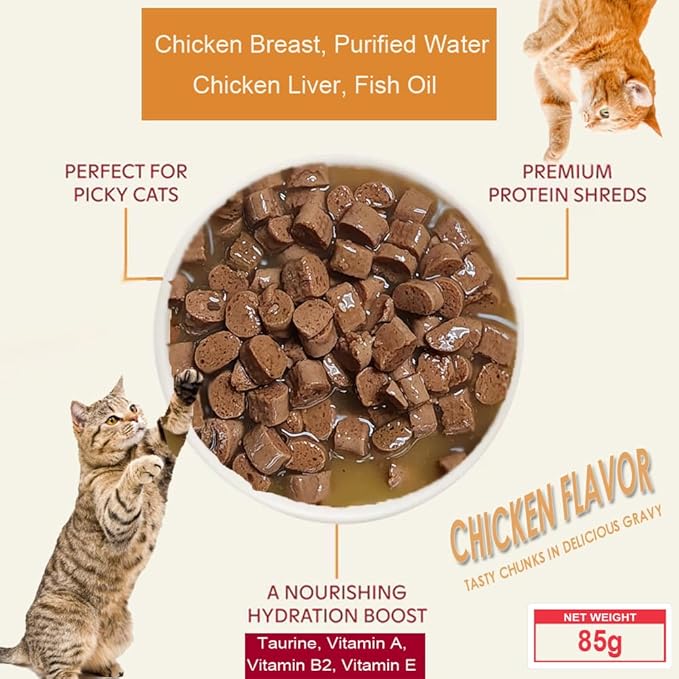 Cats Premium Wet Food 85g Pouch — Moist, Soft Cat Food Mixer, Topper and Rotational Meal (3-Pack, Chicken)