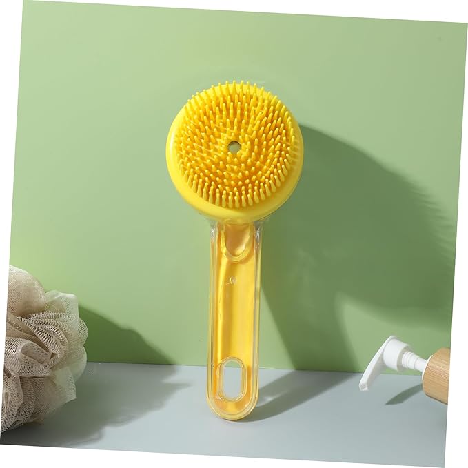 POPETPOP Pet Bath Brush for Cats and Dogs Ergonomic Handle Grooming Tool with Soap Dispenser Soft Head for Gentle Cleaning of Animals Indoor Use Easy to