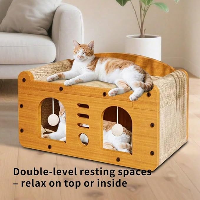 Multi-Function Cat Scratcher House Box,3-in-1 Scratch Pad and Soft Bed & Play Cave with Toys, Durable Build & Ideal for Cats/Kitty (Yellow,MD-DOOR1)