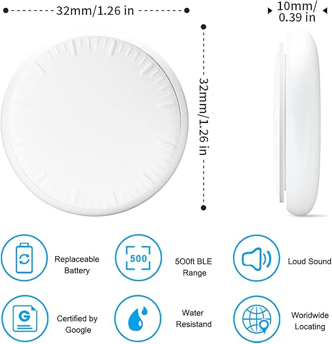 (Android Only) Google Certified Android Tracker, Key Tracking Tag, Item Finder and Wallet Tracker, Works with Google Find My Device App, Smart Tracker Tag for Keys, Luggage, Wallets, Pets (White)