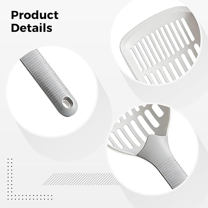 Large Cat Litter Scooper with Long Handle, 4.6 in Scoop, Sifting Design, Solid One-Piece, Grey Scooper with Hook