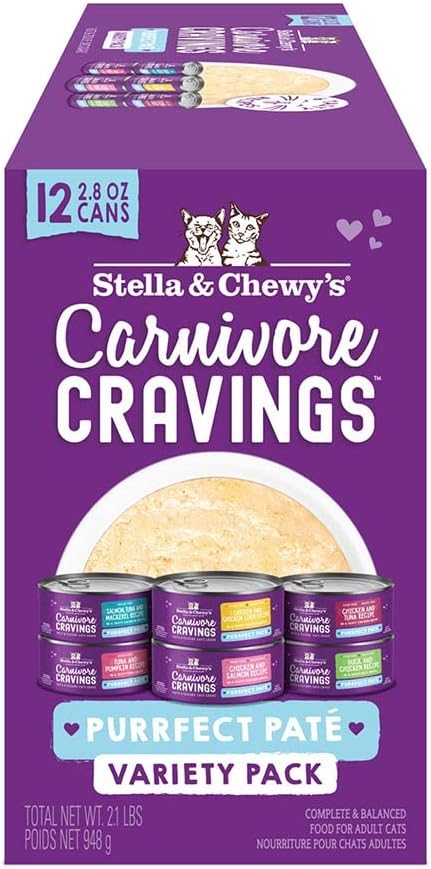 Stella & Chewy's Carnivore Cravings Purrfect Paté - Premium Grain-Free Wet Cat Food - 6 Flavor Variety Pack - High Protein with Bone Broth - Perfect for Picky Eaters - 2.8oz Cans (24 Pack)