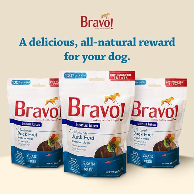 Bravo! Bonus Bites Single Ingredient Dry Roasted Dog Chews, Duck Feet, 5 Ounce, High Protein, Grain Free, Gluten Free