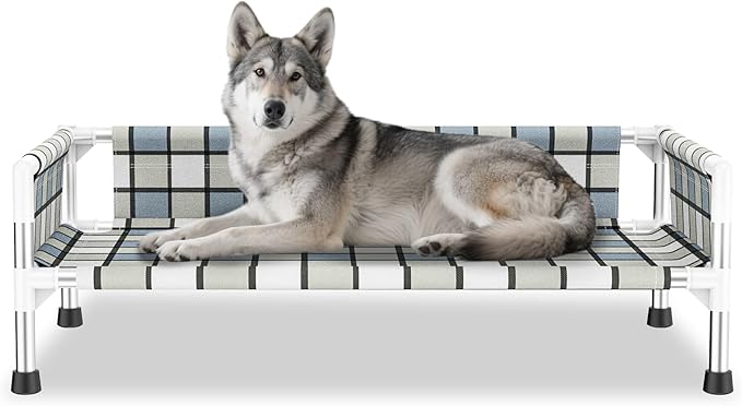 Elevated Raised Outdoor Dog Bed - Cooling Washable Dog Cot with Guardrail, Durable & Breathable Cotton Mesh Pet Hammock Beds with Stainless Steel Pipe Frame for Medium Pets (34'' x 20'' x 12'')