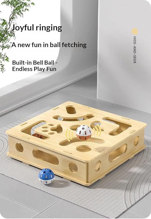 Wooden Cat Claw Care Scratcher with Maze Puzzle & Bell Ball - Enrichment Toy for Calm Grooming Alternative