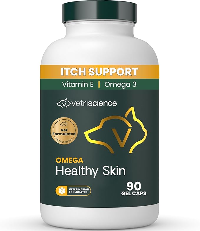 VetriScience Omega Healthy Skin Capsules, Omega 3.6.9 Fish Oil Supplement for Dogs and Cats, Skin Health, Coat Growth, Reduce Shedding, Over 750 mg Omega Fatty Acids per Capsule, Gel Caps, 90 Count