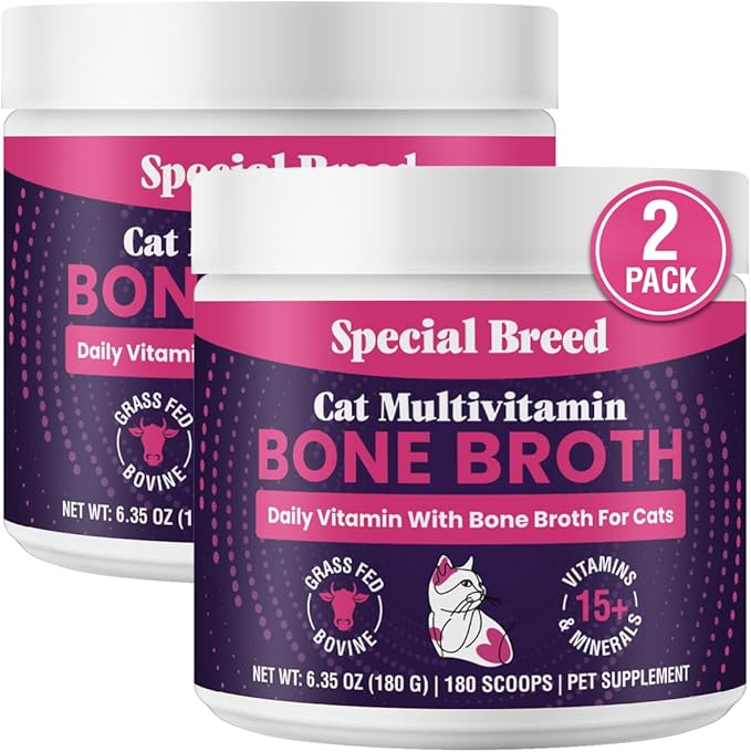 Cat Multivitamin with Grass-Fed Beef Bone Broth – Daily Supplement for Immune, Joint, Skin, Coat & Gut Health – Omega 3s, Lysine, Beta Glucan, Vitamins A-E, C, D – 180 Grams (Pack of 2) – No Fillers