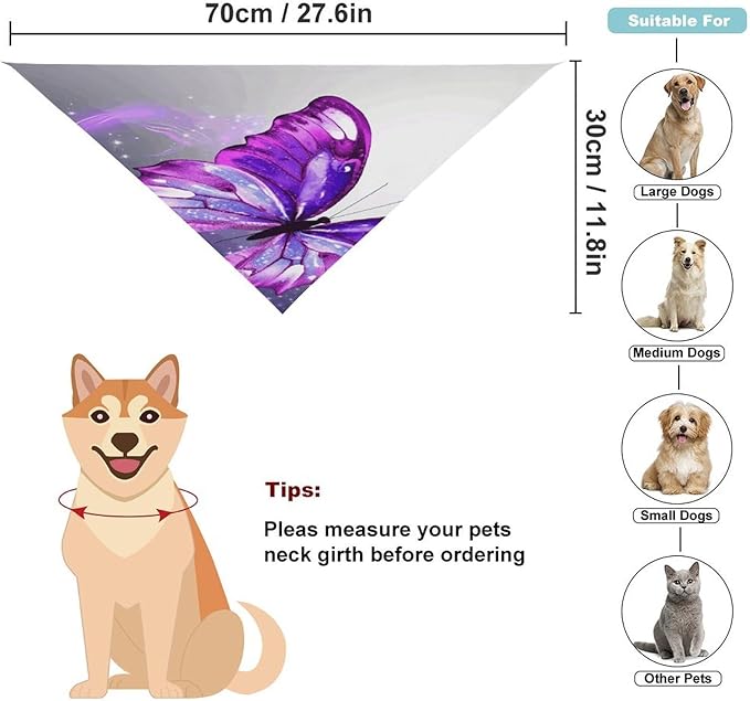 Dog Bandana Spring Pet Scarf Adjustable Triangle Purple Butterfly Printing Dog Bib Washable Polyester Puppy Bandana for Small Medium Large Dogs Cat Birthday Party Supplies