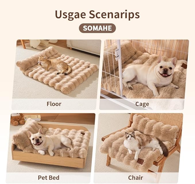 Plush Faux Fur Pet Bed Mat with Non-Slip Bottom, Self-Warming Cat Bed, Washable Pet Bed with Pillow for Cats & Medium Dogs, Machine Washable, 27x20 Inch, White