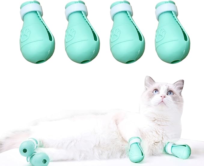 4 Pieces Scratch Cover for Nursing Rehabilitation Cat Boots for Cats Only, Adjustable Cat Bathing Gloves(Green)