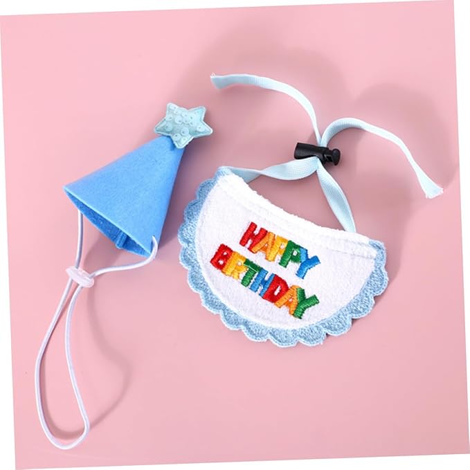 BESTYASH Dog Birthday Bandana and Wear-Resistant Embroidered Bib with Blue Star Hat Set for Pet Party Supplies, Adjustable Dog and Cat Costume Accessory
