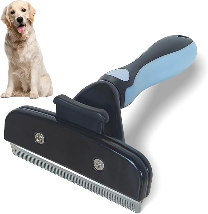 Pet Deshedding Tool, Self Cleaning Pet Grooming Rake, Deshedding Hair Brush with Stainless Steel Teeth and Rubber Handle, for Dog Cat Short Medium and Long Pet Hair (Large)