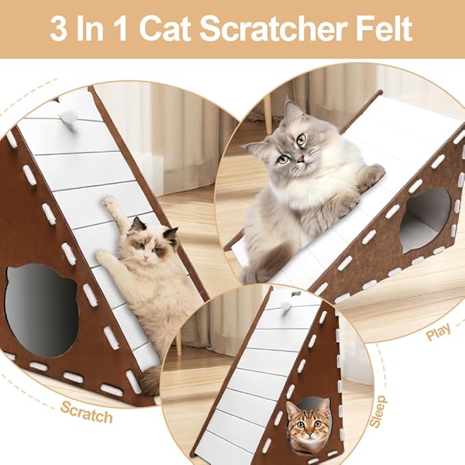 Felt Cat Scratcher, Jaxbo Triangular Vertical Cat Scratching Board with Plush Ball Toy, 9mm Thick Washable Material, No-Tool Assembly, Multi-Surface Cat Furniture Protector