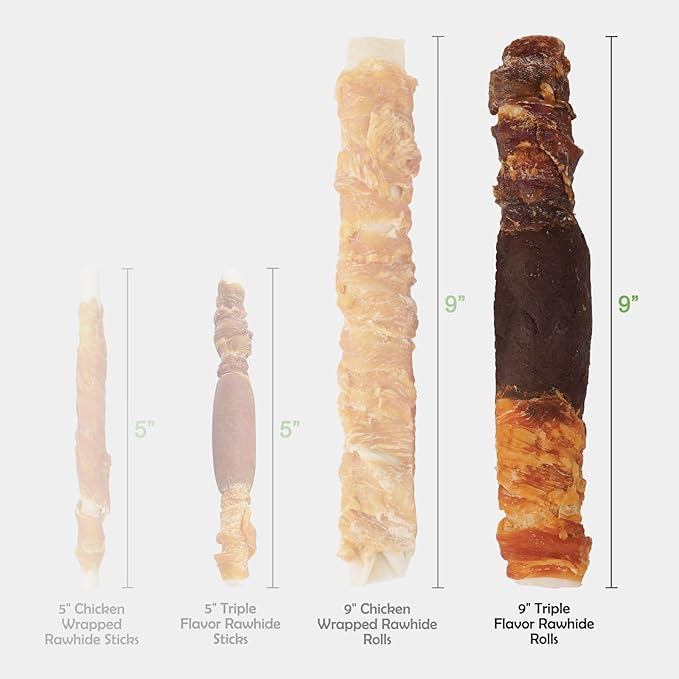 MON2SUN Dog Treats Triple Flavor 9 Inch Chicken Liver Duck and Chicken Wrapped Rawhide Rolls, Teeth Cleaning and Long Lasting Chews for Medium and Large Dogs, 11.1 oz(2 Count)