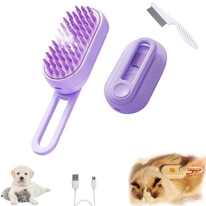 Pet Spritz Cat Defur Comb for Cats Dogs, 3-in-1 Self Cleaning Silicone Cat Steam Brush, Silicone Bristle Head 360° Rotating Pet Steam Brush (Purple)