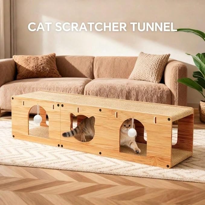 Multi-Function Cat Scratcher House Box,3-in-1 Scratch Pad and Soft Bed & Play Cave with Toys, Durable Build & Ideal for Cats/Kitty (Yellow,FX-MSD)