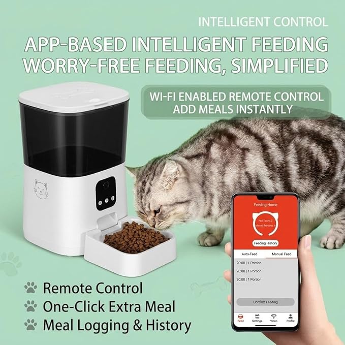 Smart Automatic Pet Feeder with HD Camera and App Control, Cats and Dogs, 6L Capacity Dual Power Supply, Video Monitoring Pet Food Dispenser for Travel and Work (WiFi Version)