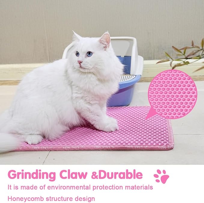 Cat Litter Mat, 21 x 14 Inches Large Honeycomb Double Layer Cat Litter Trapping Mat, Non Slip Waterproof Urine Proof Cat Litter Box Mat, Kitten Supplies and Essentials, Pink