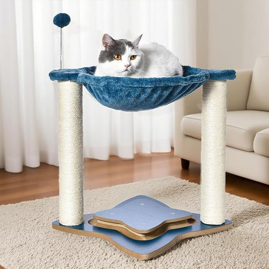 Cat Scratching Post for Indoor Cats, Small Cat Tree Tower with Hammock Wooden Interactive Track Ball,Wooden Interactive Ball Track for Kitten and Adult Cats,18inches (Grey)